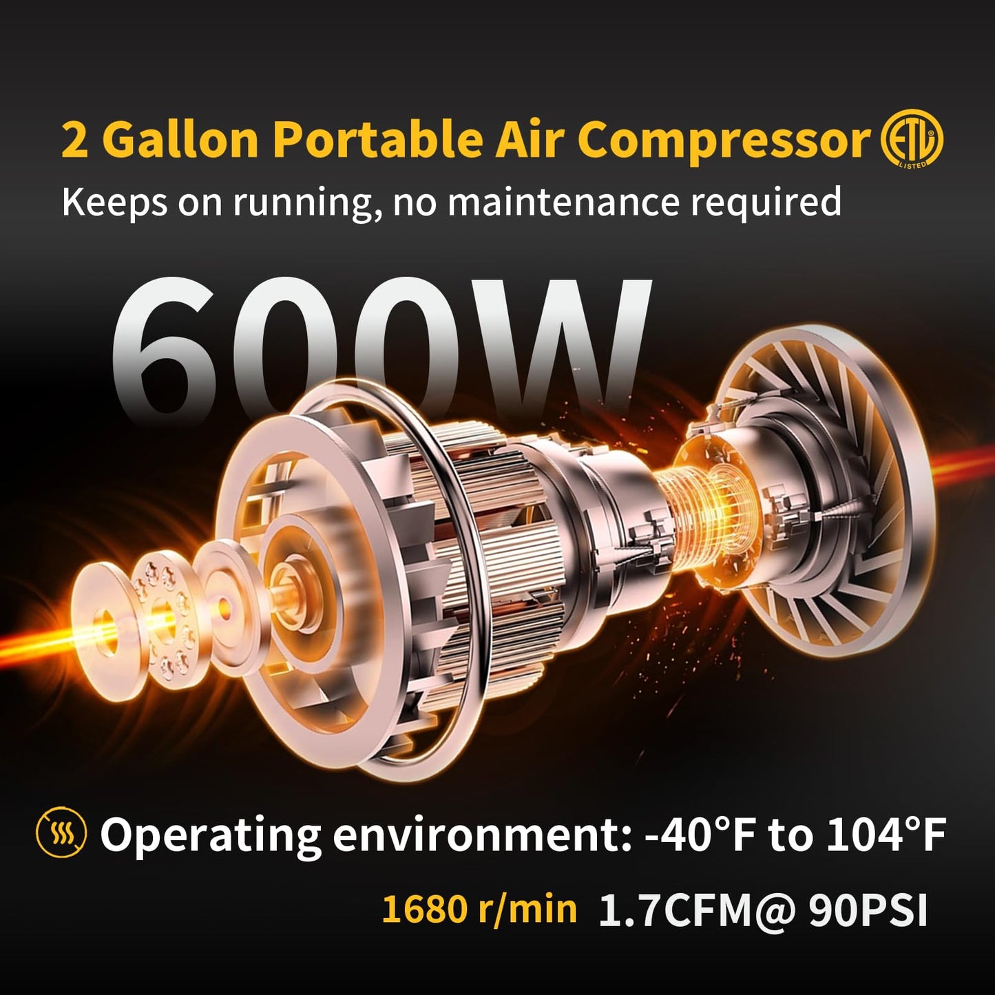 2 Gallon Portable Air Compressor 0.75HP 1.7 CFM@90PSI 60dB Ultra Quiet Oil Free Air Compressor for Tire Inflation Pneumatic Tool Spray Painting