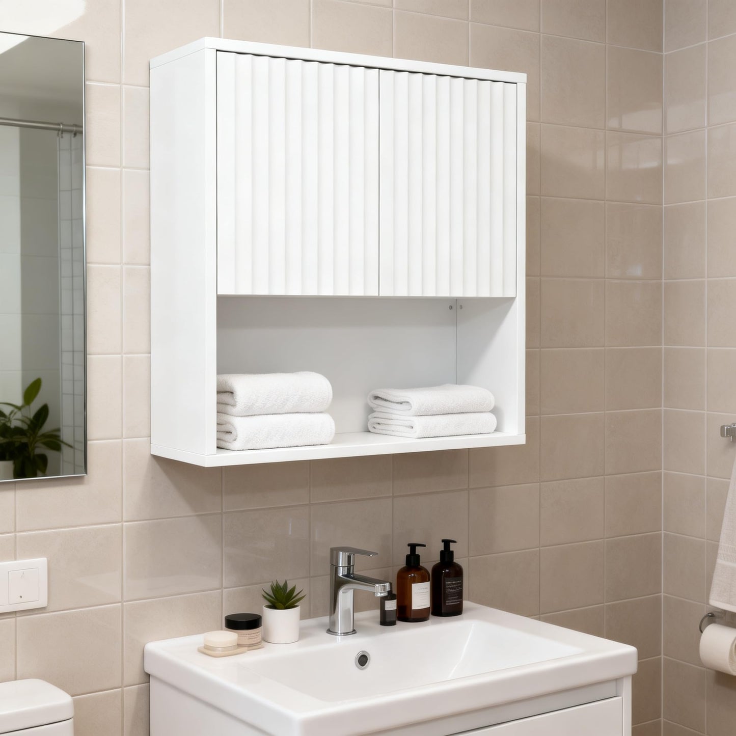 Over the Toilet Storage Cabinet, Fluted Bathroom Wall Cabinet, 23.6"Wx8.9"Dx28.7"H Bathroom Storage Cabinet with Adjustable Shelf, Wall Mounted Floating Organizer for Bathroom Kitchen Laundry, White