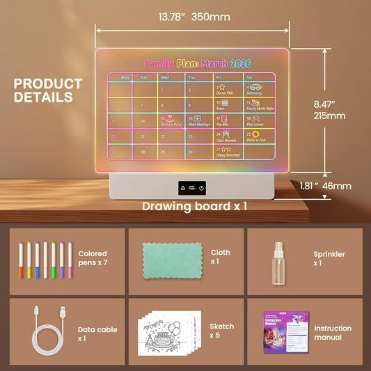 TAEMVV LED Drawing Board for Kids, 16-Inch Rechargeable Light Up Dry Erase Board with 8 Colors, 3 Dynamic Modes, 6-Level Dimmer, 15H Battery, Built-in Stand & Full Kit Clear Milky White