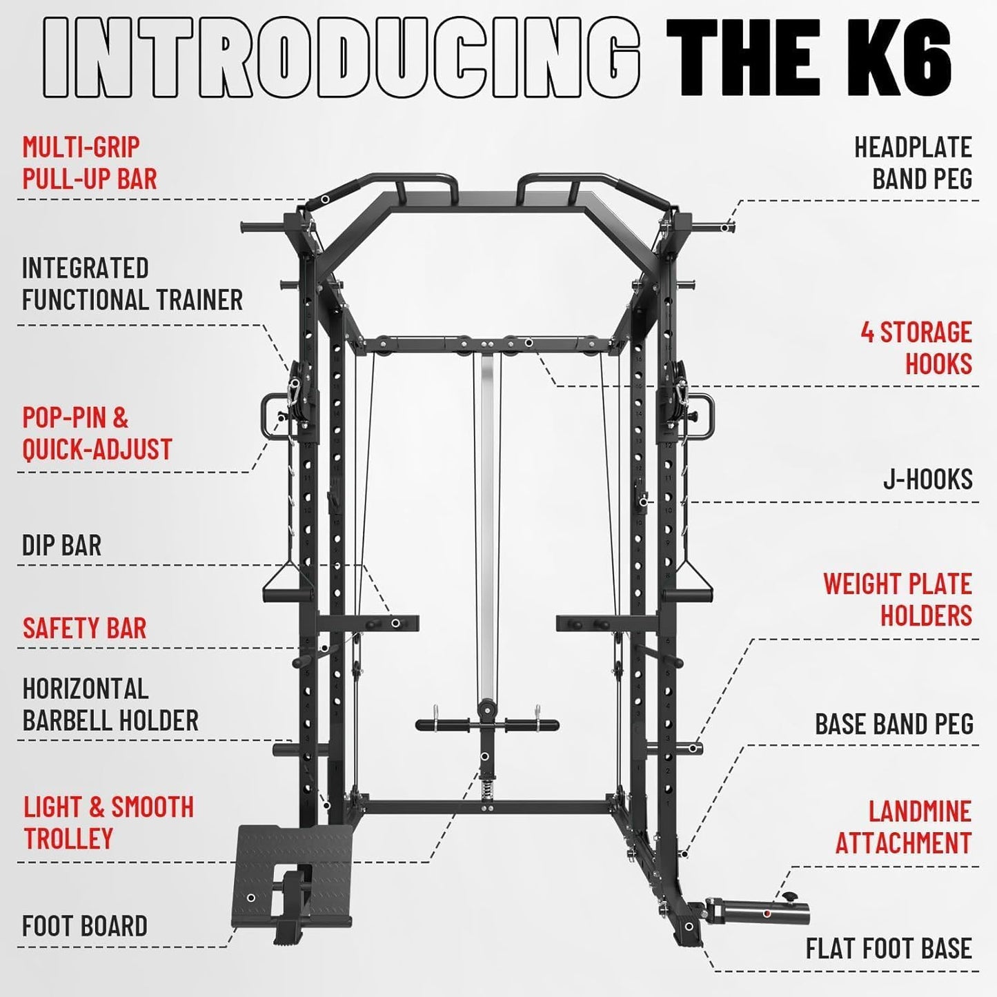 Mikolo K6 Power Cage, Power Rack with Cable Crossover System, Home Gym Packages with Weight Bench, Olympic Barbell, 230b Rubber Weight Set-Black