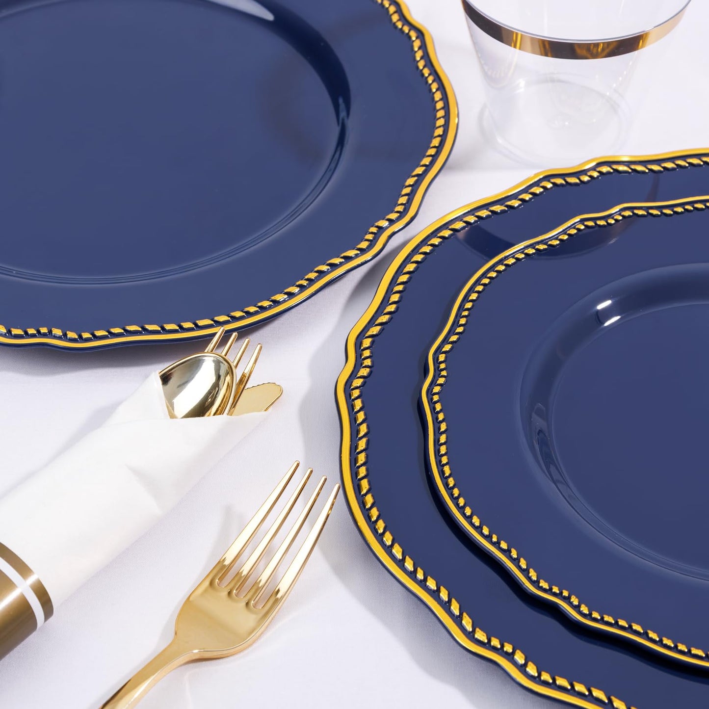 Hioasis 350pcs Blue and gold Plastic Plates - Blue Plastic Dinnerware Set Includes 50 Dinner Plates, 50 Dessert Dinnerware, 50 Cups, 50 Rolled Napkin Cutlery Perfect for Wedding