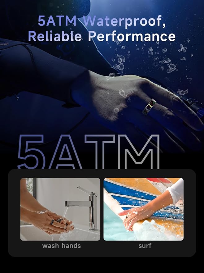Smart Ring for Women Men, Health Ring with Colorful Display, Fitness Tracker with Heart Rate, Blood Oxygen, Sleep Monitor, No Subscription Fee, 5ATM Waterproof for iPhone & Android (Black, 8)