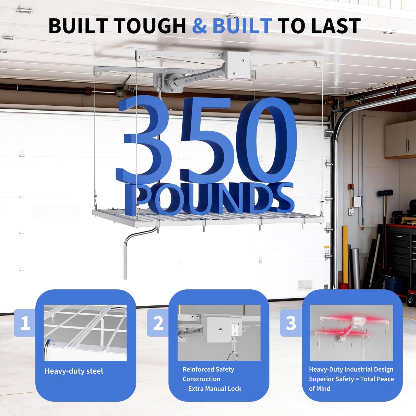 Overhead Garage Lifting Storage Rack, Maximize Your Garage Storage with Our 4x4 Ft Heavy-Duty Ceiling Storage Rack System, Supports 350 lbs, Adjustable & Easy to Install (White 4x4 ft)