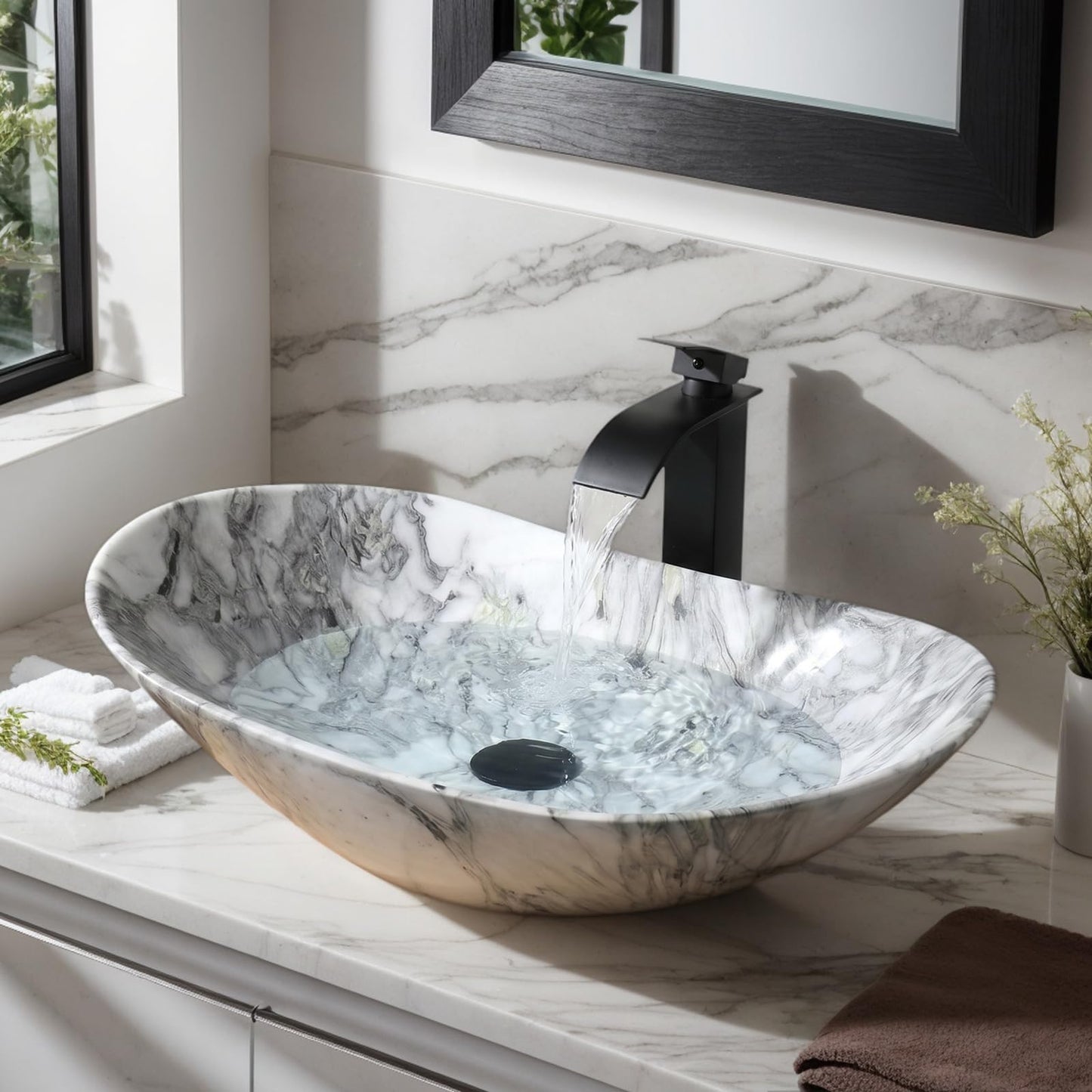 Zoyueyu 24x14 Inch Vessel Sink with Waterfall Faucet and Pop-up Drain Marbling Bathroom Sinks Ceramic Above Counter Bowl Sink Oval Bathroom Sink Porcelain