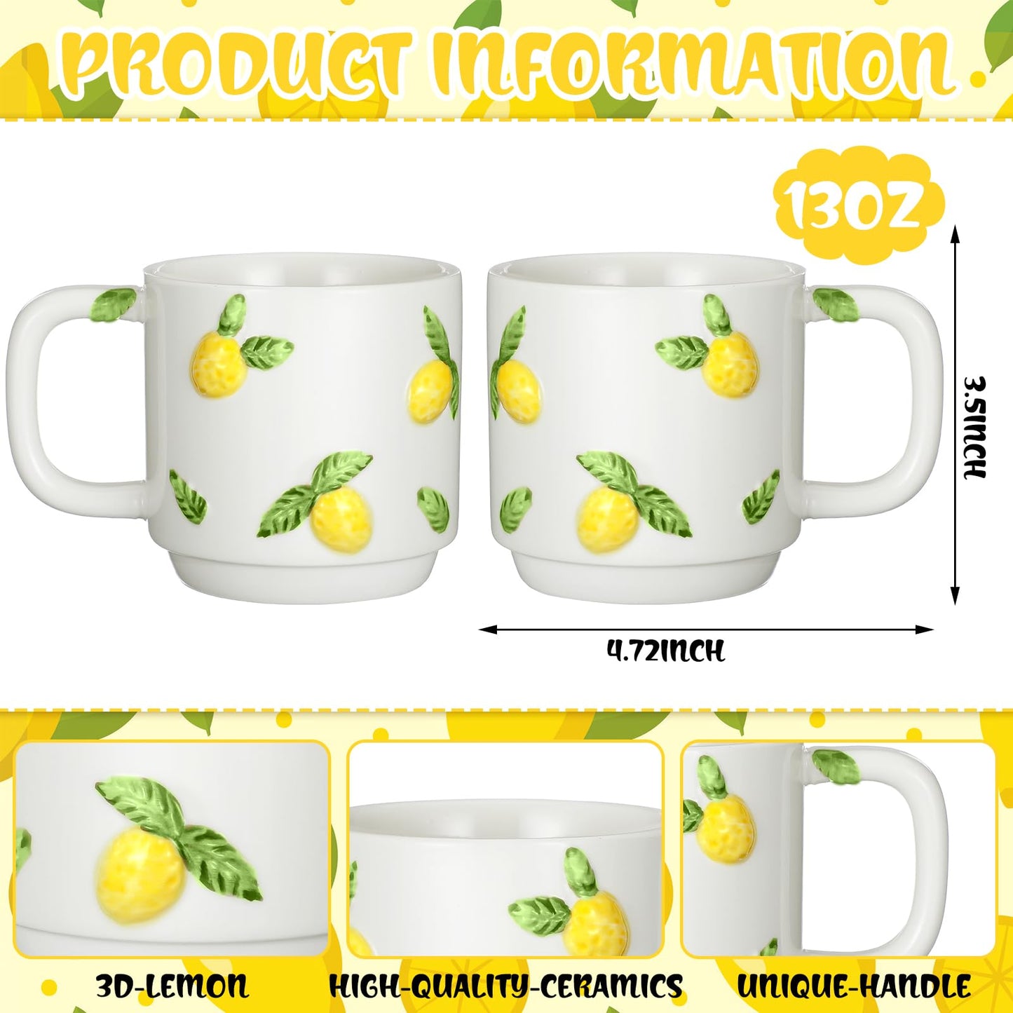 LemonRoad 2 Pcs Lemon Ceramic Coffee Mugs Handmade Pottery Coffee Cup 12 oz Stackable Cute Summer Mugs with Handle for Spring Summer Party Supplies Women Gifts