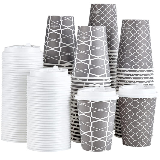 JOLLY PARTY Disposable Coffee Cups with Lids -12 oz (100 Sets) To Go Cups, Paper Coffee Cups for Beverages Espresso Tea, Suitable for Cafes, Offices and Home
