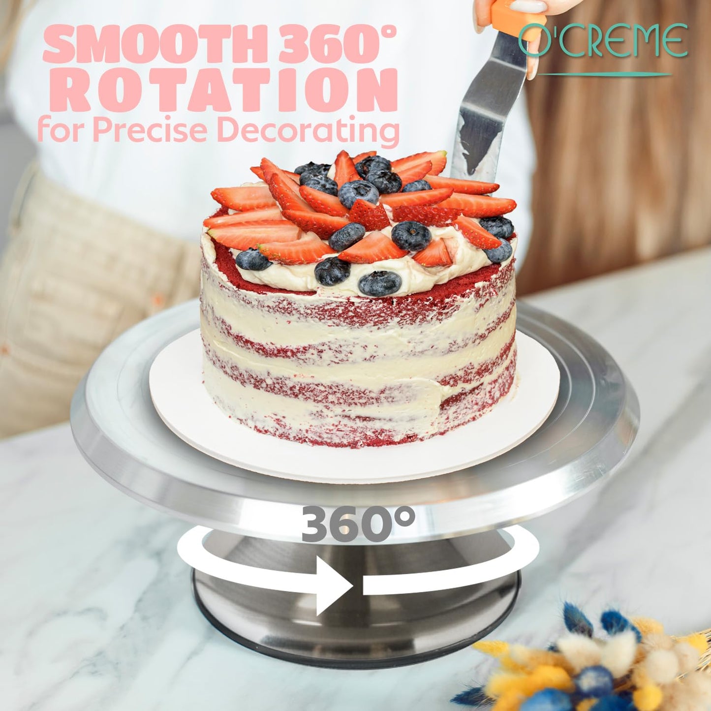 O’Creme Cake Turntable Stand, 12 inch – Heavy-Duty Aluminum Alloy Rotating Turn Table Display Lazy Susan for Decorating Cakes & Cupcakes with Non-Slip Base- Ideal for Weddings, Birthdays