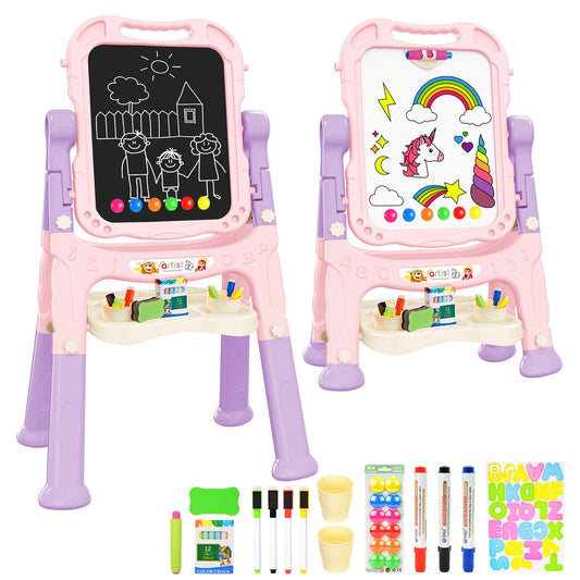 Kids Art Easel, Adjustable Drawing Whiteboard & Chalk Board, Double Sided Toddler Easel with Painting Accessories, Birthday Gift Toy for Little Girls Boy Age 2 3 4 5 (Pink)