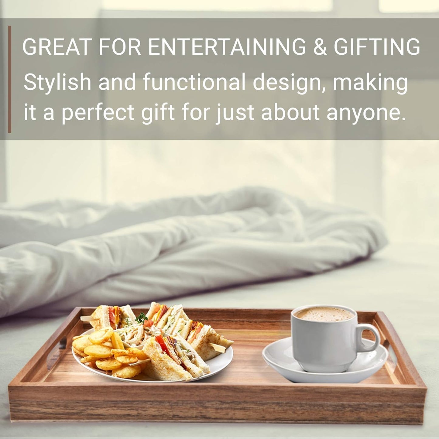 Acacia Wood Serving Tray with Handles Set of 2 – Decorative Serving Trays Platter for Breakfast in Bed, Lunch, Dinner, Patio, Ottoman, Coffee Table, BBQ, Party –Great for Lap &Couch