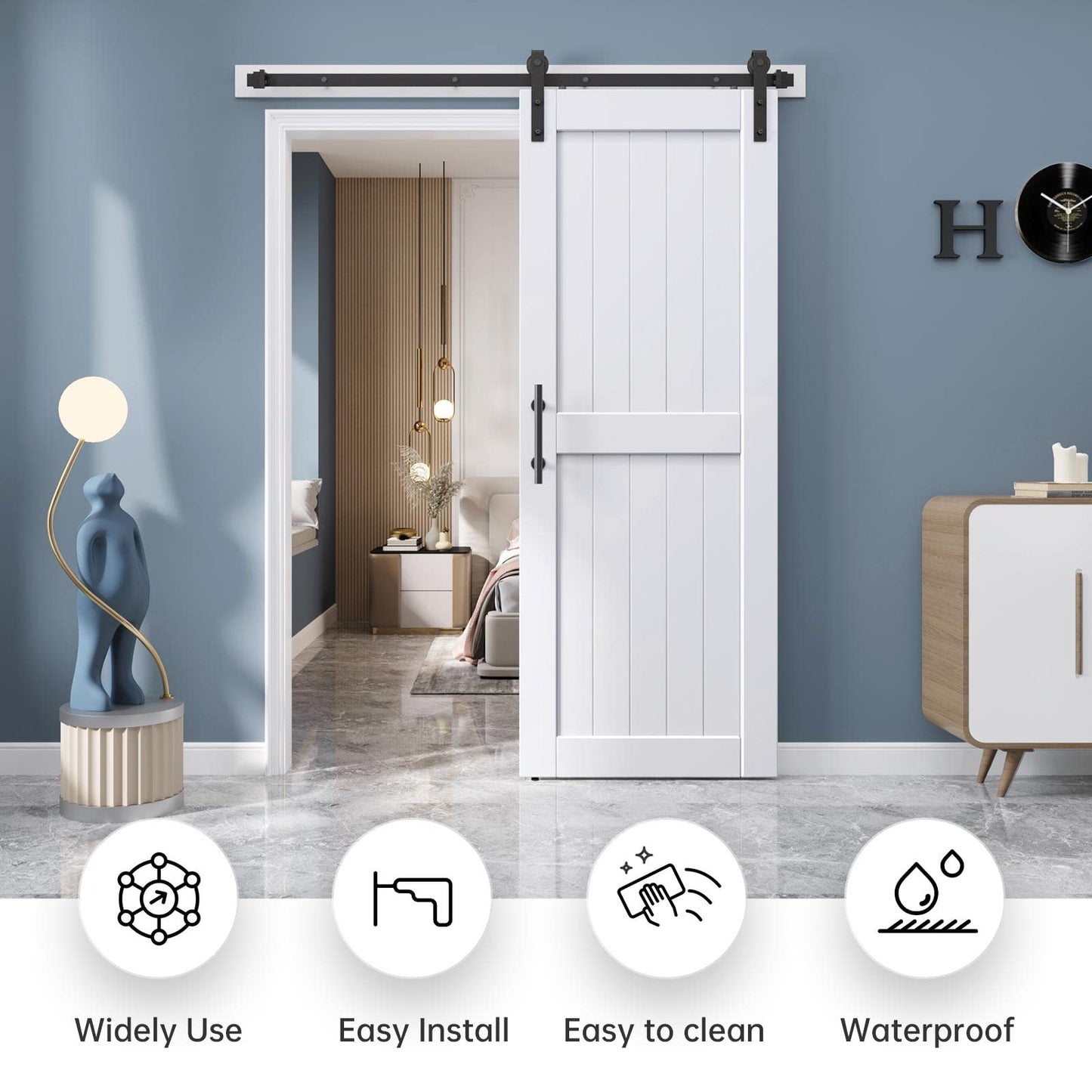 EaseLife 32 x 80 inch White Barn Door with 5.5FT Sliding Door Hardware Kit Included & Handle,Solid Wood Covered with Waterproof PVC Surface,DIY Assemblely,Easy Install,H-Frame,Fit 28-30in Wide Opening