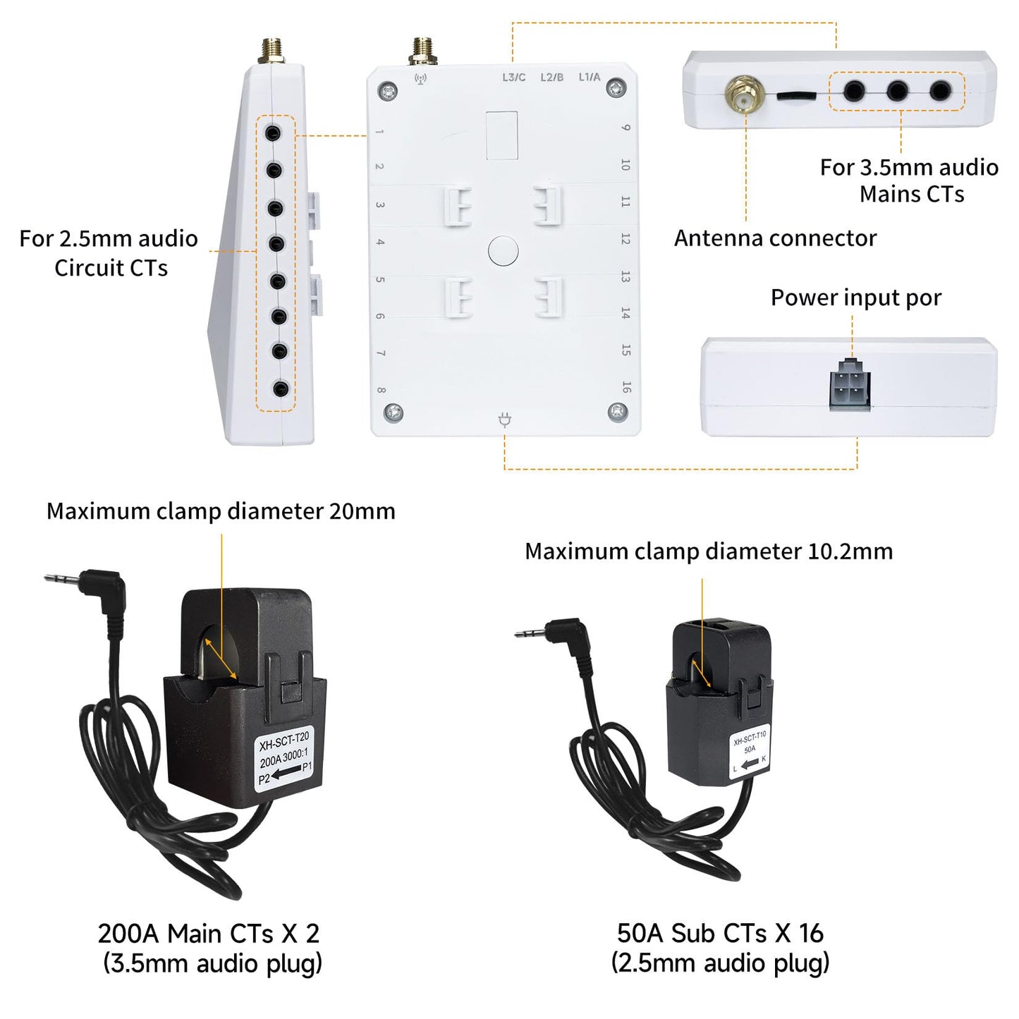 Energy Monitor with 16 50A and 2-200A Circuit Level Sensors, Smart Home Real-Time Accurate Energy Consumption Tracking, WiFi Meter Solar/Net Metering, 2.4 GHz WiFi