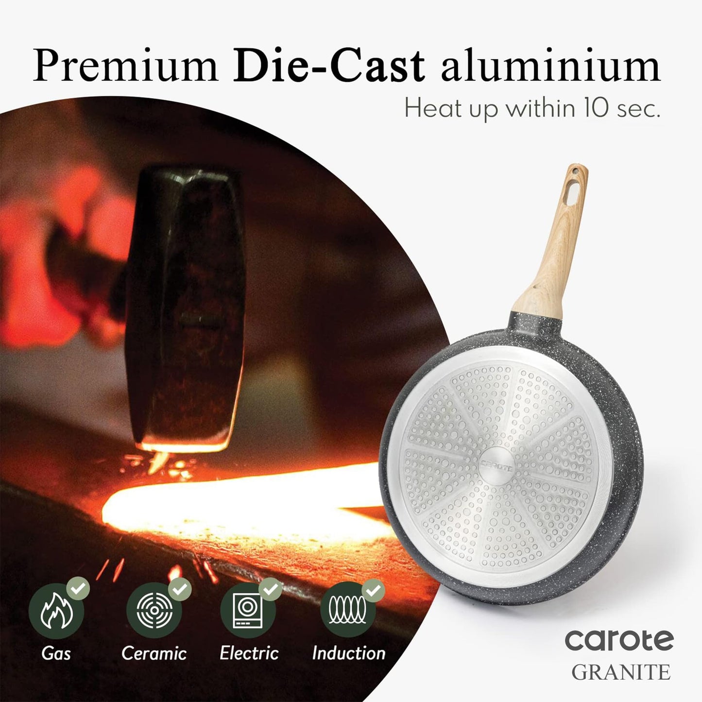 CAROTE Non Stick Frying Pan Skillet Set, Omelet Pan, Healthy Non Toxic Granite Chef Pan, Induction Compatible Egg Frying Pan with Heat-Resistant Handle, PFOA-Free,Black, 8"+10"+12"