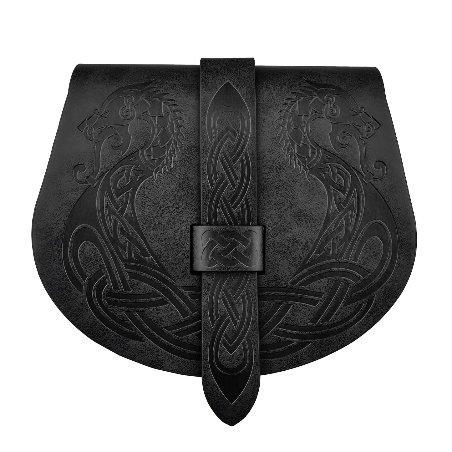 HiiFeuer Viking Embossed Langskip Belt Pouch, Medieval Faux Leather Flap Saddle Side Bag Purses, Retro Portable Belt Bag (Black A)