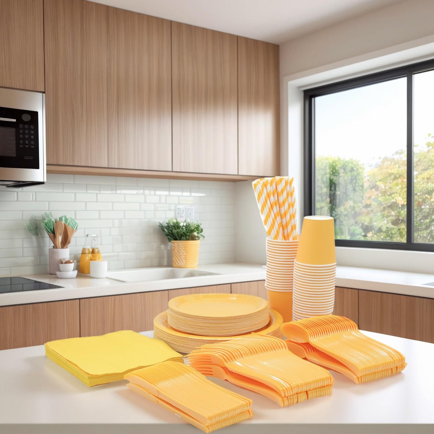 DX DENGXUAN 400-Piece Yellow Party Set,Disposable Paper Plates Cups Plastic Spoons and Fork Knives Yellow Napkin,Suitable for 50 Guests,Disposable Party Tableware Set,Wedding Birthday Party.
