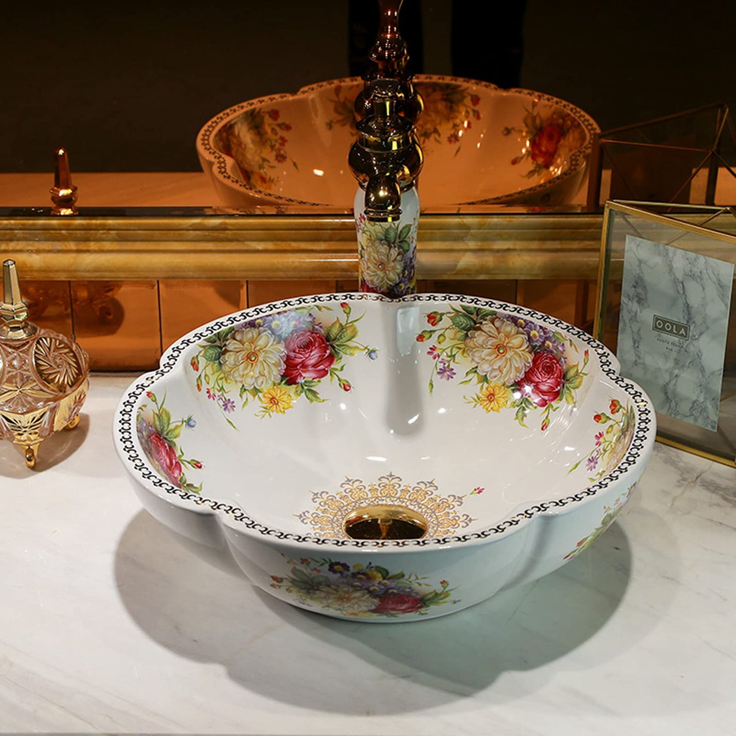 White Ceramic Bathroom Vessel Sinks with American Style Peony Flower Pattern Washing Sink for Vanity Top Bowl