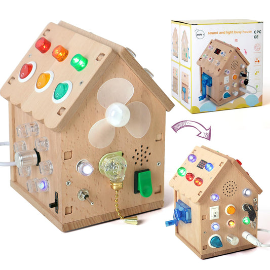 Dinhon Sound and Light Busy House Wooden Montessori Busy Board, Light Switch Games Toddler Sensory Toys Montessori Toys for 3+ Year Old Gifts for Boys and Girls
