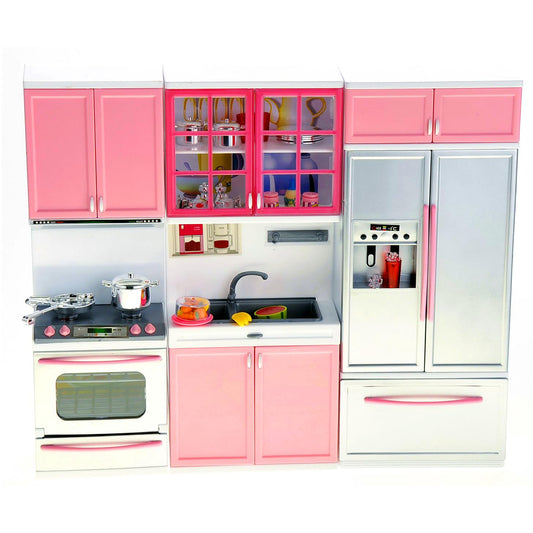 PowerTRC Doll Kitchen Play Set, Mini Modern Toy Pink Kitchen Pretend Play Furnitures Toy Set Accessories Set with Realistic Light & Sound for Kids Toddlers Girls (3-in-1)