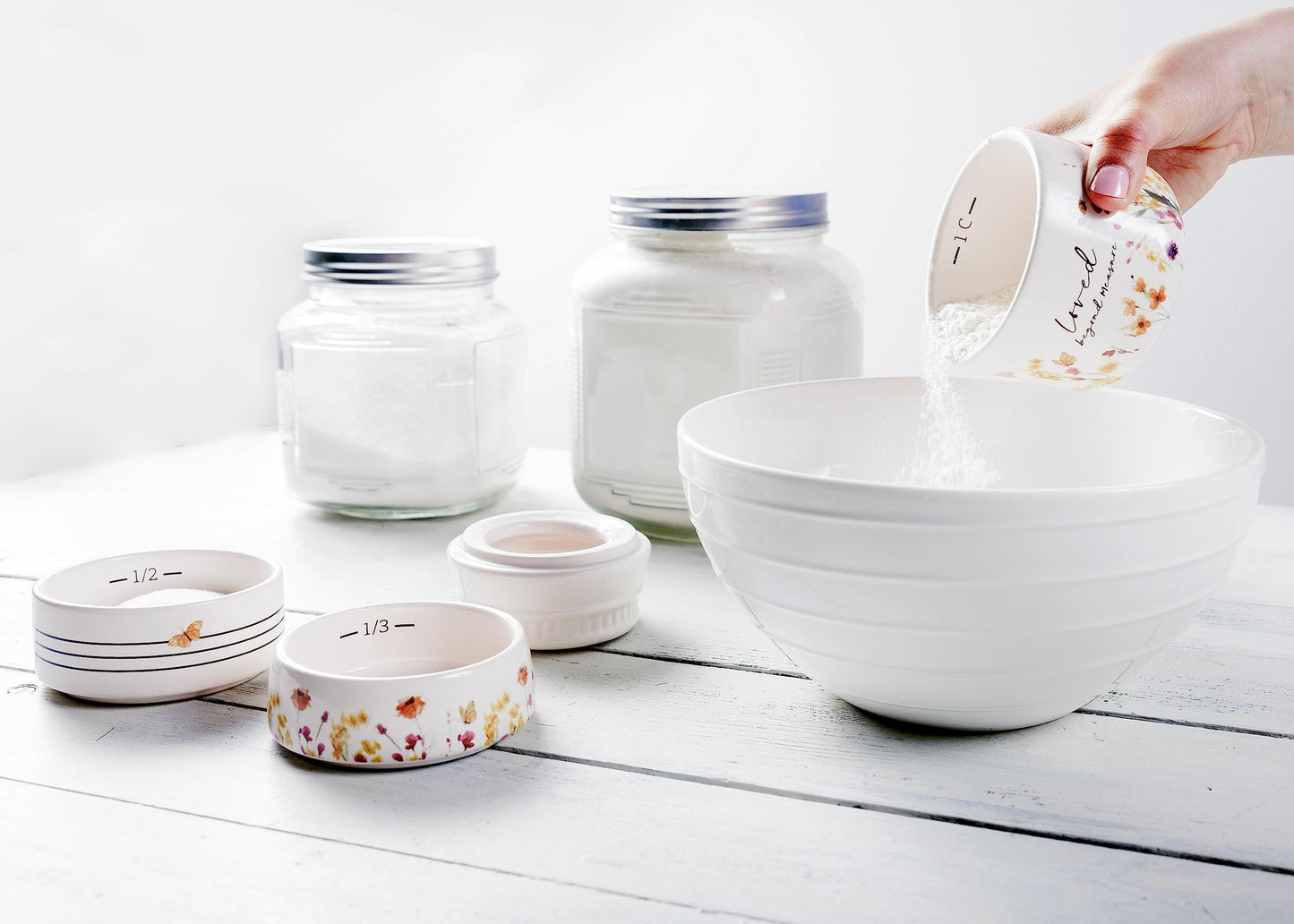 Pavilion Gift Company - Loved Beyond Measure - 6-inch Stackable Ceramic Kitchen Measuring Cup - ¼, ⅓, ½, 1 Cup, Rustic, Antique, Farmhouse Design For Kitchen, Mason Jar Measuring Cup, 1 Count, Cream