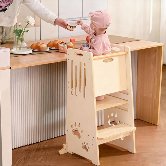 Toddler Tower,Height-Adjustable Step Stool with Sliding Safety Door,Easy to Adjust Height,Suitable for Kids from 18 Months to 5 Years Old,Anti-tilt Kitchen Step Stool with Safety Feet-Natural