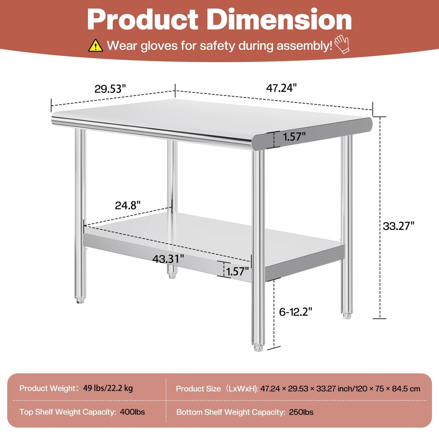 Jocisland 30" x 48" Stainless Steel Table for Prep & Work, Food-Grade Stainless Steel Adjustable Under Shelf and Feet, for Commercial Kitchen, Restaurant, Hotel, Garage