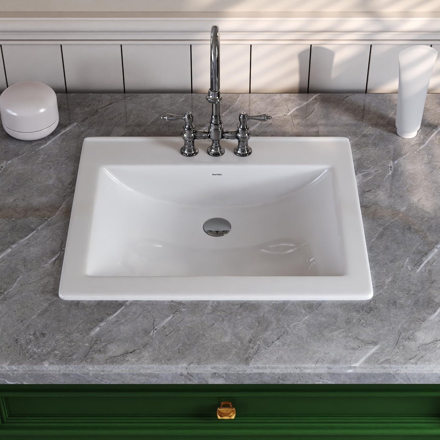 DeerValley 21x18 Inch Rectangular Ceramic Drop-in Bathroom Sink, Under Counter Vessel Sink with Overflow, White Vanity Basin