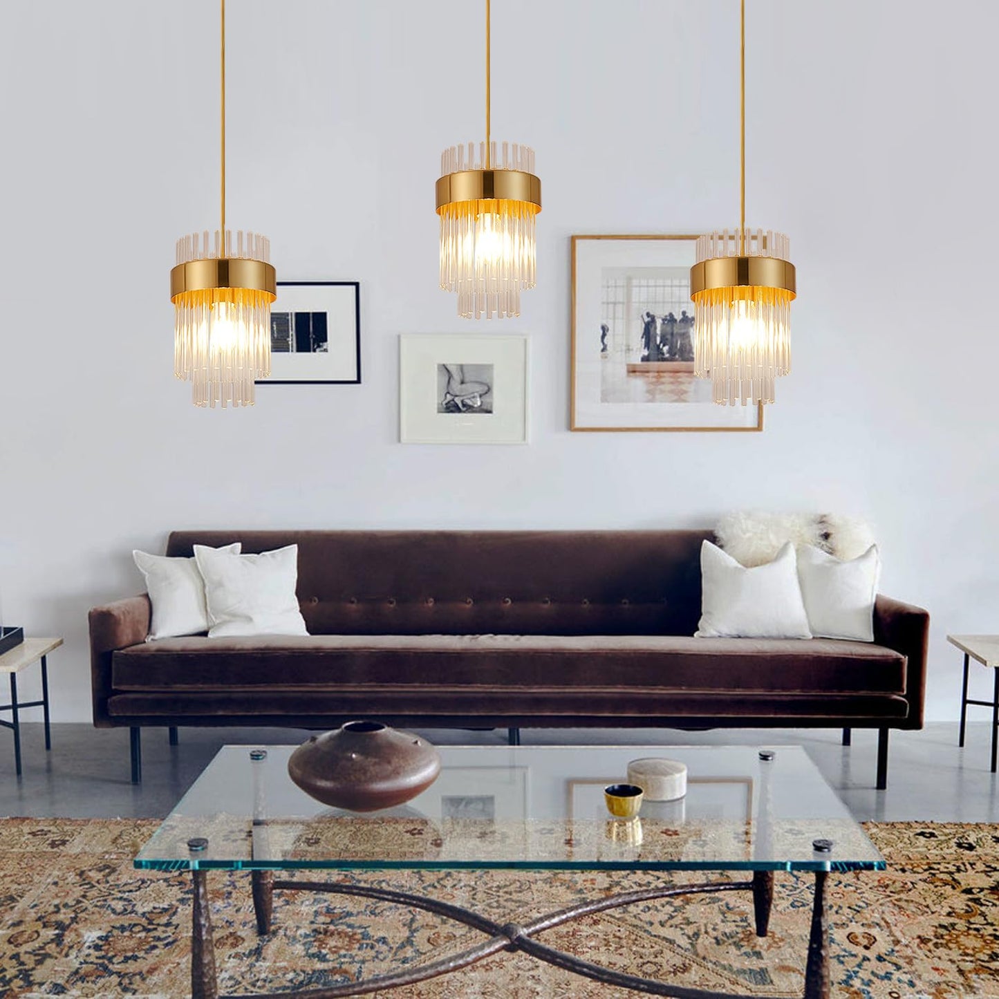 Dijiahua Pendant Lights Kitchen Island Gold 3 Pack,Crystal Pendant Light Fixtures Over Table, Mini Brass Dining Room 1-Light Chandelier,Modern Adjustable Cord Hanging Lamp for Bedroom,Sink