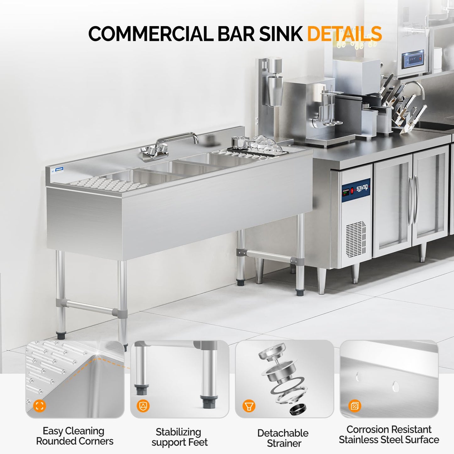 ROVSUN NSF 3 Compartments Bar Sink, Commercial Stainless Steel Underbar Sink with Double Drainboard, Freestaning Large for Kitchen, Bar, Laundry, Garage Use, 60 L x 33 W x 18.4 H