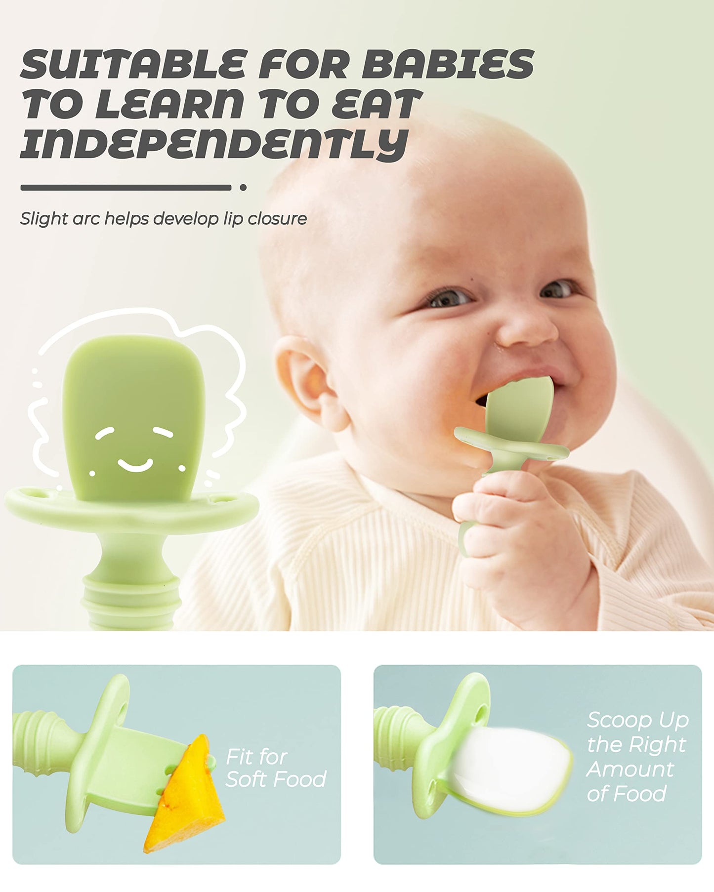 DF DUALFERV 4 Pcs Baby Spoons Self Feeding 6 Months, Silicone Baby Spoons First Stage and Baby Fork, Toddler Utensils for Baby Led Weaning with 2 Cases (Green, Grey)
