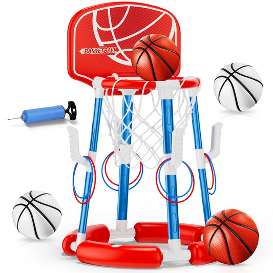 Pool Basketball Hoop with Backboard, Floating Pool Toys for 3-12 Years Old Kids Ring Game with 4 Balls 8 Rings & Pump Outdoor Swimming Pool Basketball Games Water Play Toy Family Party for Kids Adults