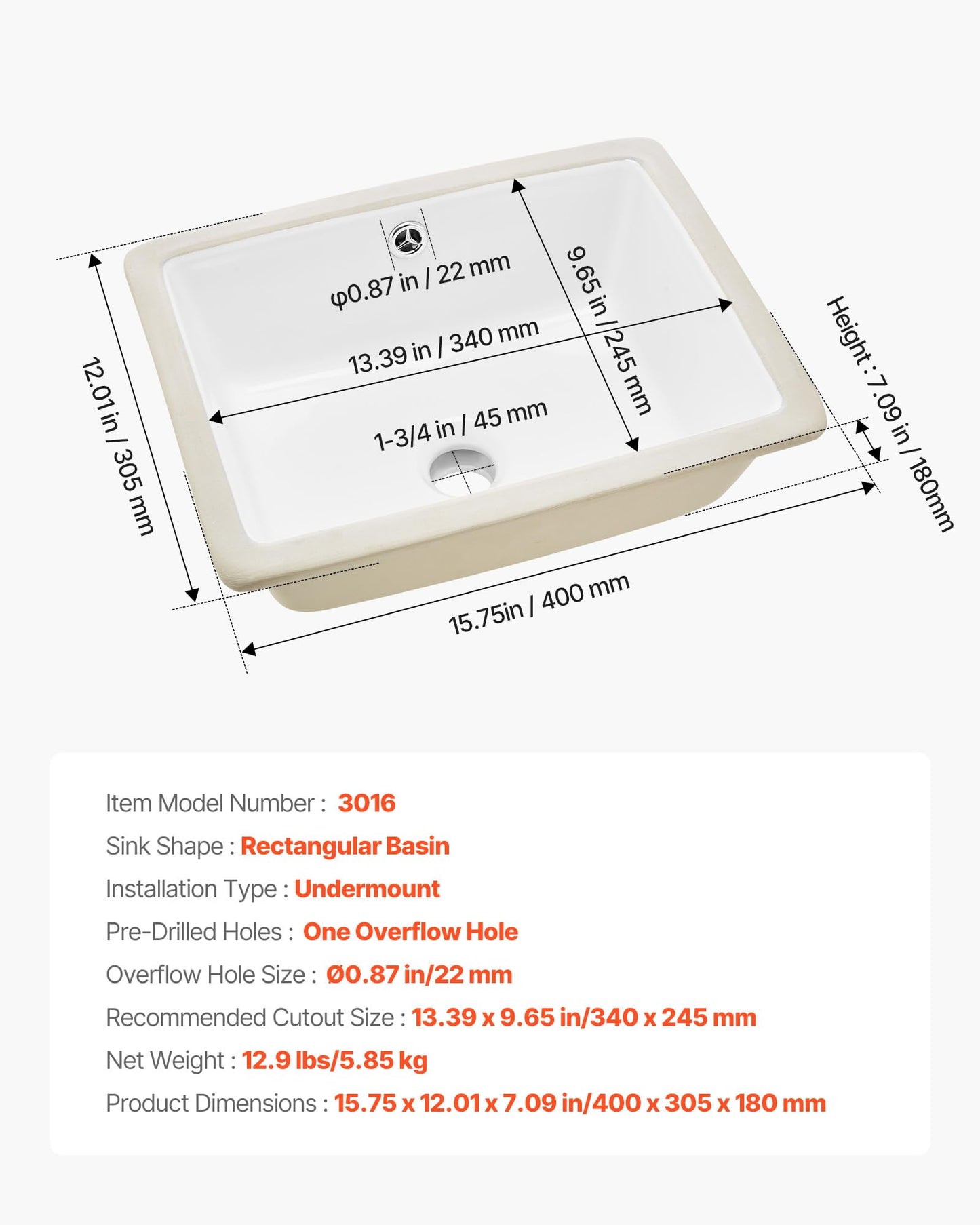 VEVOR Undermount Bathroom Sink, 15.75 x 12.01 Inch Rectangular White Ceramic Vessel Sink with Overflow Hole, Under Counter Drop in Modern Lavatory Vanity Bath Wash Bowl Basin, Rectangle Small Space