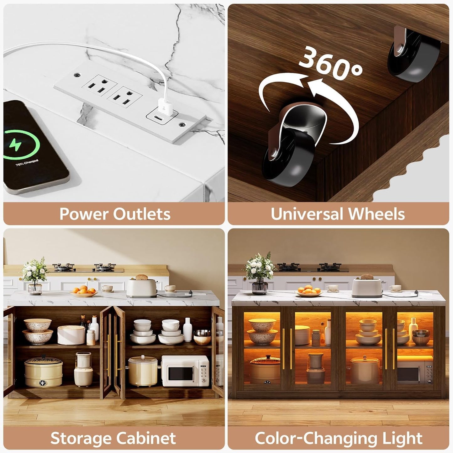 Homiflex Kitchen Island with Storage, Imitation Marble Island Table with LED Lights & Cabinet for Kitchen, Modern Kitchen Carts on Wheels for Dining Room, Home Bar, Walnut