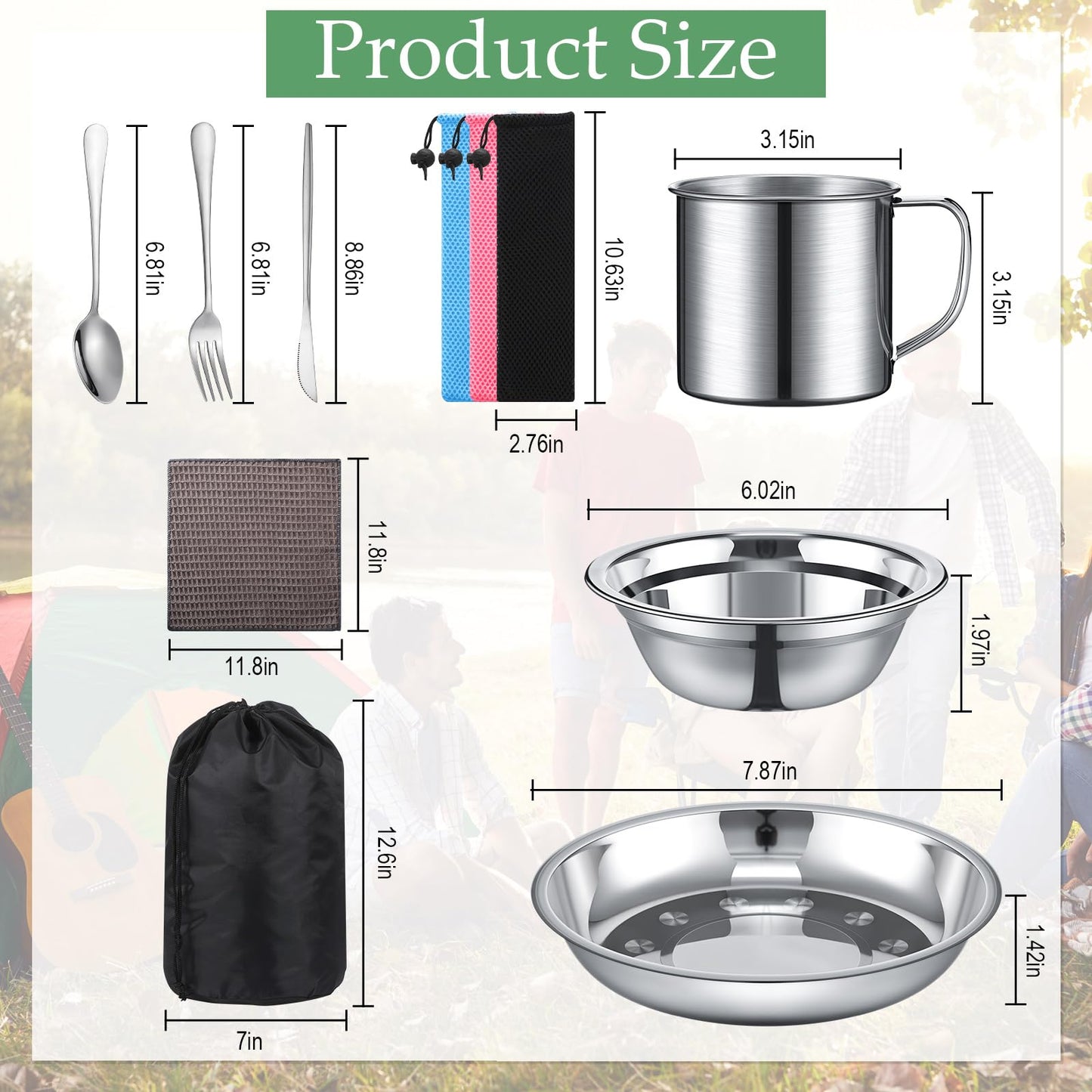 Lallisa 16 Pcs Outdoor Camping Cookware Mess Kit Polished Stainless Steel Dishes Camping Utensils Portable Tableware with Plates Cups Spoons Forks Knives Mesh Bag for Backpacking Hiking