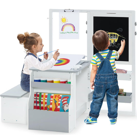 INFANS 3 in 1 Kids Art Table and Chair Set, Toddler Craft and Play Wood Activity Desk with Double-Sided Easel Blackboard Whiteboard, Paper Roll for Writing, Children Furniture for Daycare Nursery