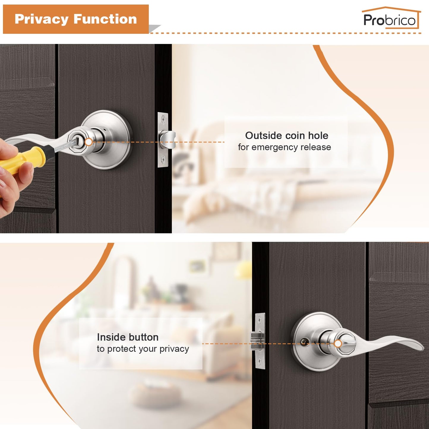 Probrico Satin Nickel Wave Style Privacy Door Levers Bath/Bed Door Handles, Interior Keyless Door Locksets, 3 Pack
