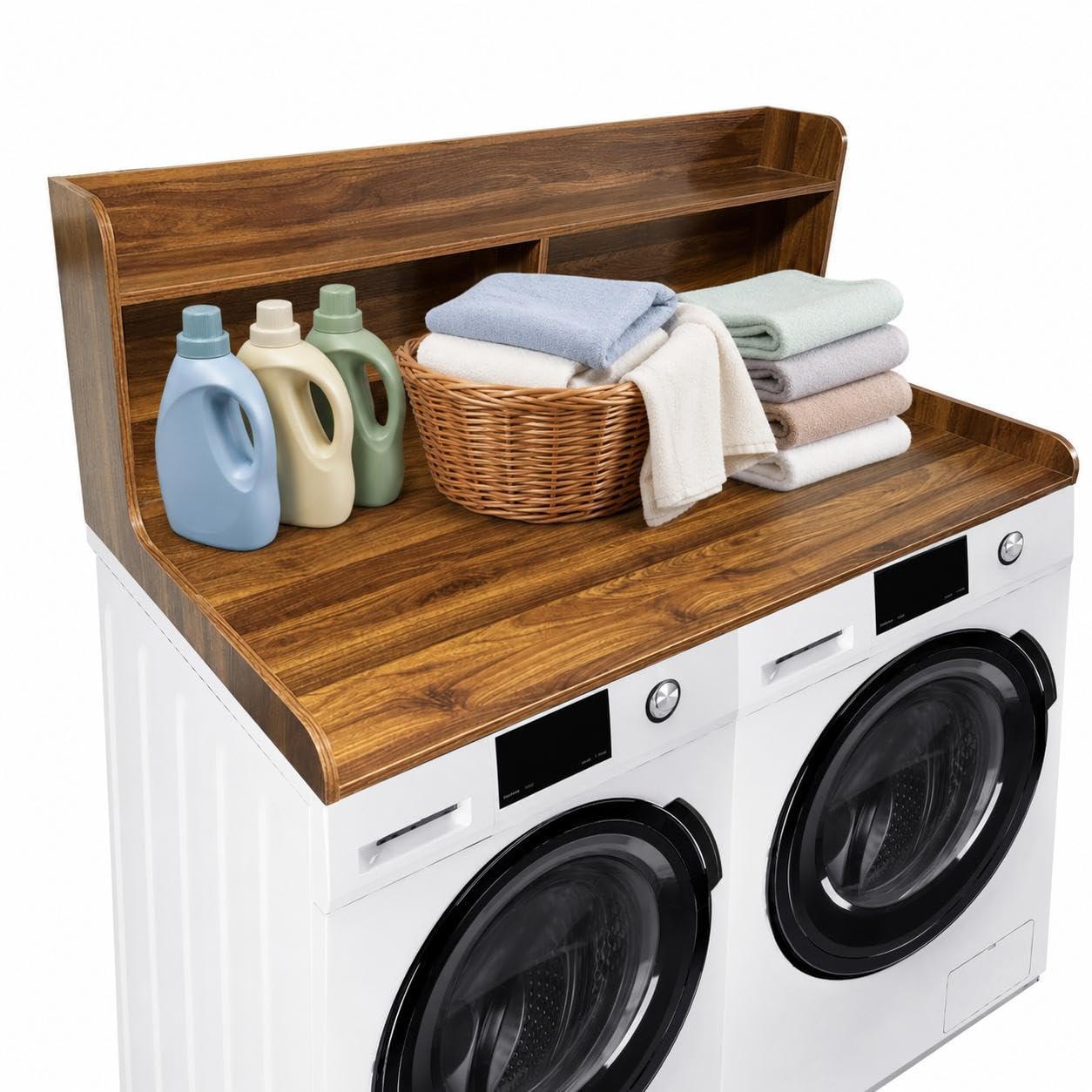 Washer Dryer Countertop with Shelves, 54" x 27.55" 2-Tier Wood Laundry Countertop with 2.75" Edge Rails and Non-Slip Pads, Washer and Dryer Topper for Laundry Room Organization, Walnut Brown