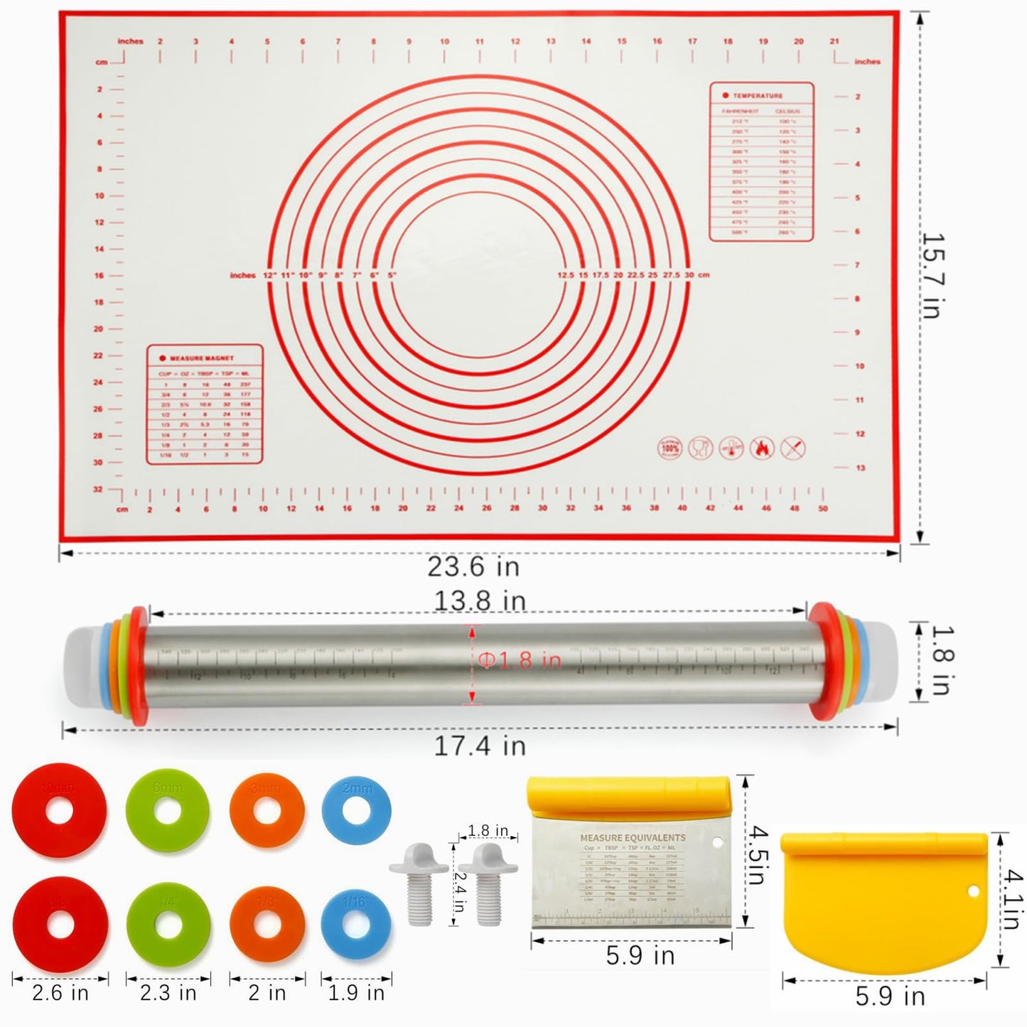 MIKULA Rolling Pin, Rolling Pins Thickness Rings and Silicone Baking Pastry Mat Set, Stainless Steel Dough Roller Rolling Pins for Baking & Bench Scraper For Pizza, Cookies, Pie, Pasta, Pastries