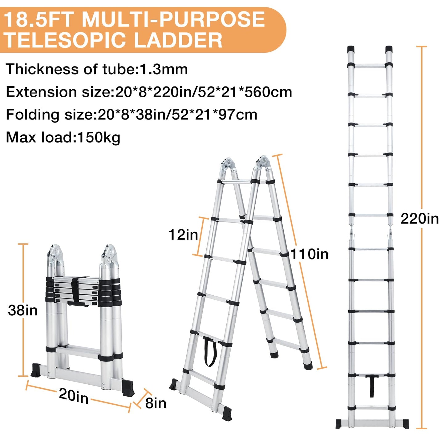 GAOMON Telescopic Ladder - 18.5 FT Aluminium Telescoping Ladders with Non-Slip Feet and Stabilizers, a Frame Collapsible Ladder, Portable Extension Ladders for Indoor Outdoor Working Household