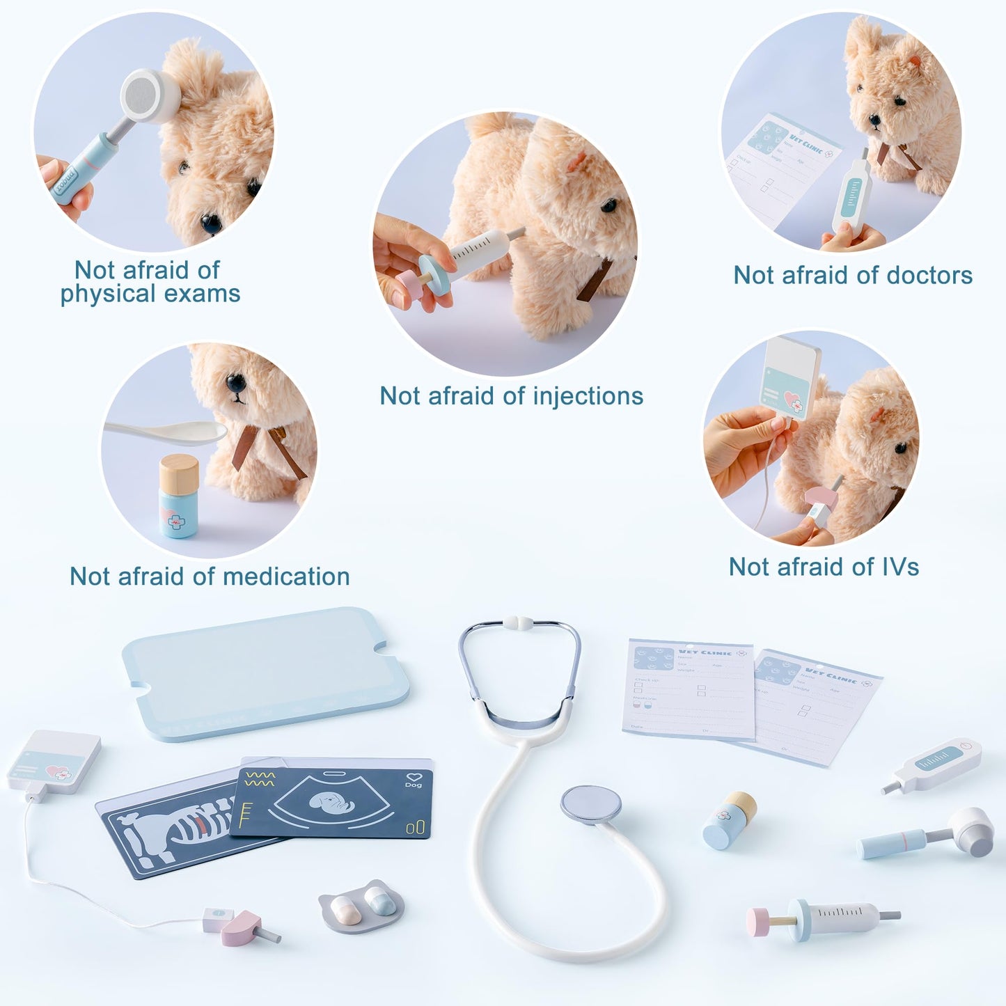 ROBUD Toddler Doctor Play Set, Complete Doctor Kit for Kids with Adjustable Height and Medical Tools, Wooden Pretend Play Pet Doctor Cart for Kids Aged 3+, Vet Kit for Imaginative Role Play Fun