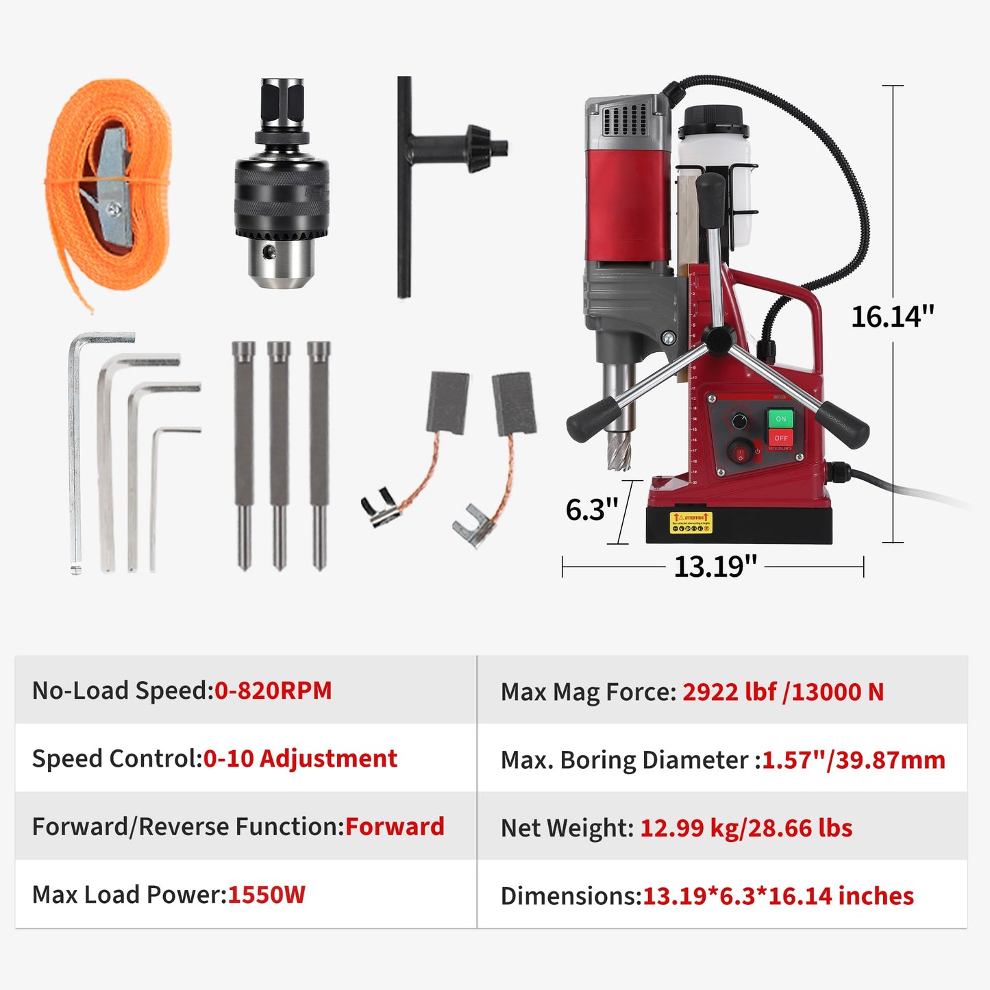 2 Inch Magnetic Drill Press, 210mm Max Stroke, 13000N Magnetic Force,1450W 820PRM Portable Electric Mag Drill Machine for Metal Drilling, Industrial Grade with Drill Chucks & Annular Cutters Kit