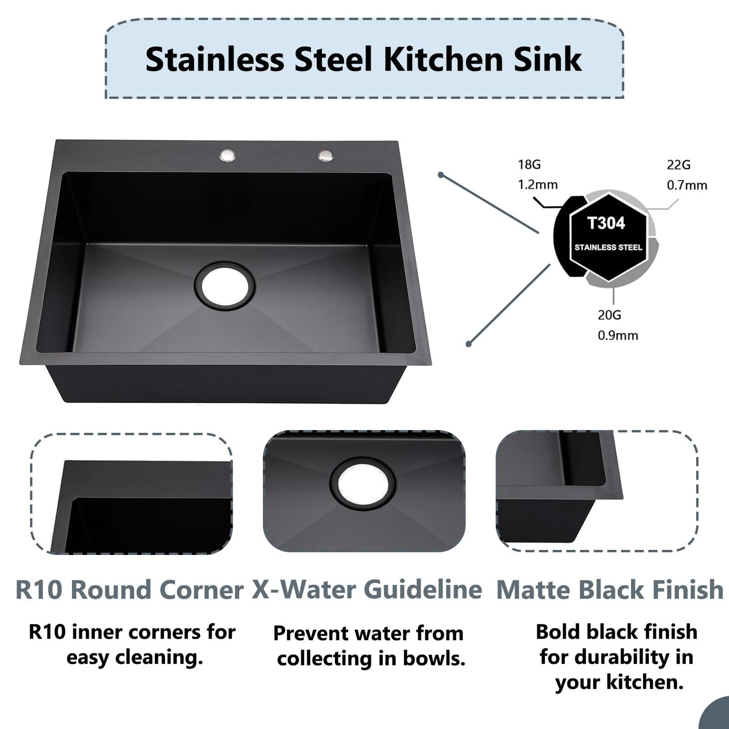COMLLEN 33"x22"x9" Black Drop In Kitchen Sink, Top Mount SUS304 Stainless Steel Gunmetal Black 18 Gauge Large Commercial Modern Handmade Kitchen Sinks with Drain