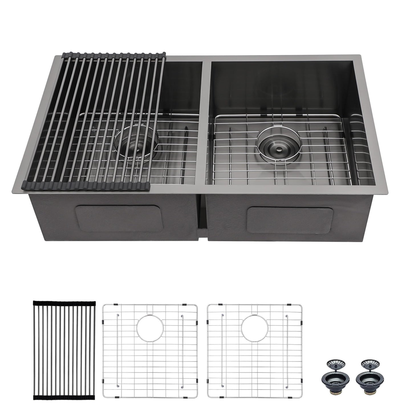 Mocoloo 33 Black Drop In Kitchen Sink 33x22 Inch Gunmetal Black Stainless Sink Double Bowl 60/40 Topmount 16 Gauge Kitchen Sink Handmade Basin