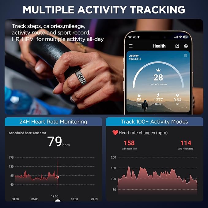 Smart Rings for Men with Display Screen, Fitness Ring with Wireless Charging, Sleep Tracker Ring with Heart Rate, Health Rings for Activity Monitoring/Steps/Calories, for iOS Android (Black,12#)