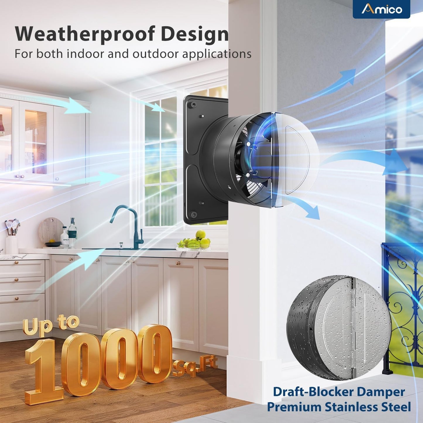 Amico 10" Kitchen Exhaust Fan with Remote, 1038 CFM High Airflow Extractor Fan, Energy Efficient 50W EC Motor Ventilation Fan for Garage, Attic & Greenhouse, 9-Speed, Timer, Low Noise 55dB, FCC, Black