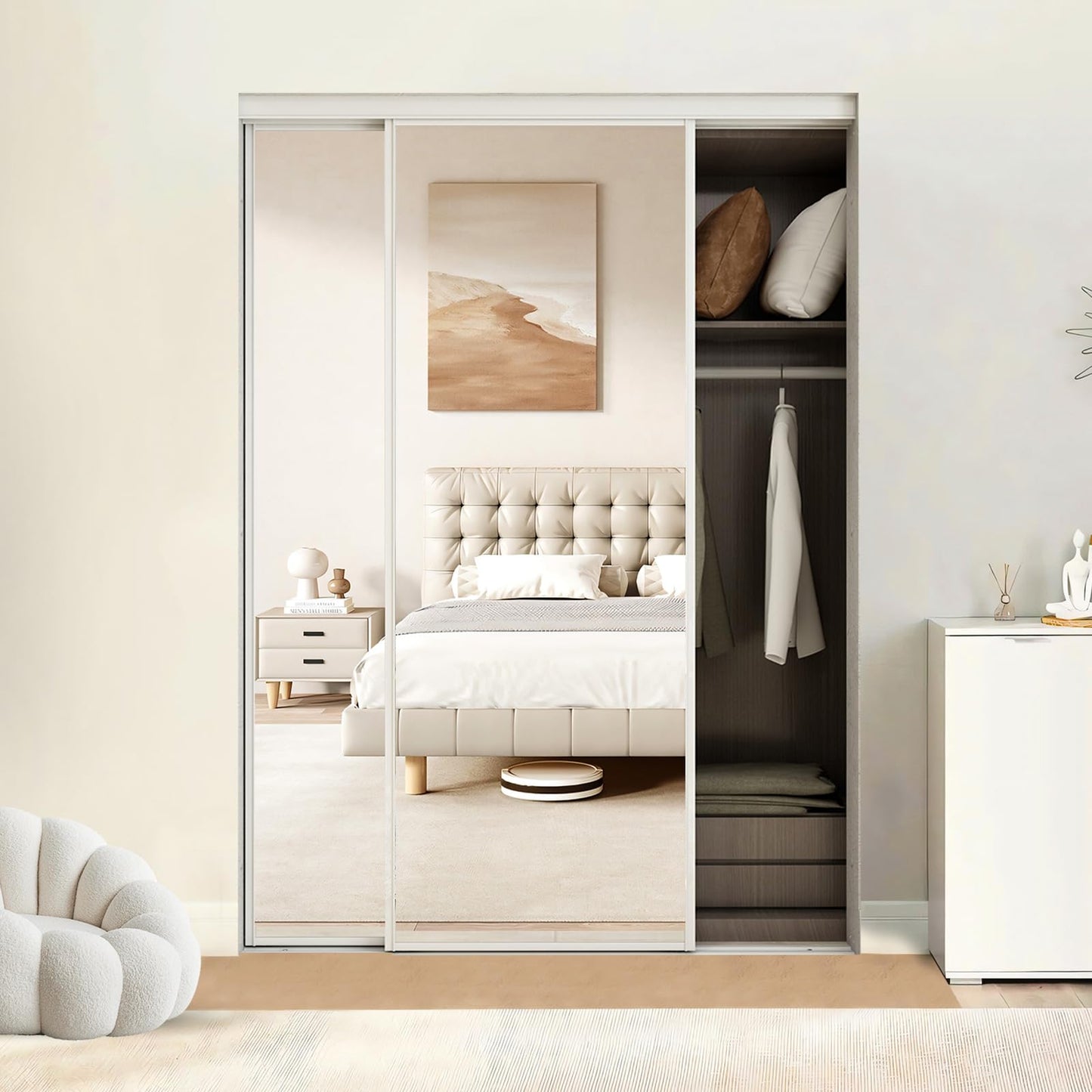 BARNSMITH 60 x 80 Inches Mirrored Closet Door, One Side Mirror with Top & Bottom Track Kits, 2-Panels Steel Frame Sliding Mirror Closet Door, Easy to Install