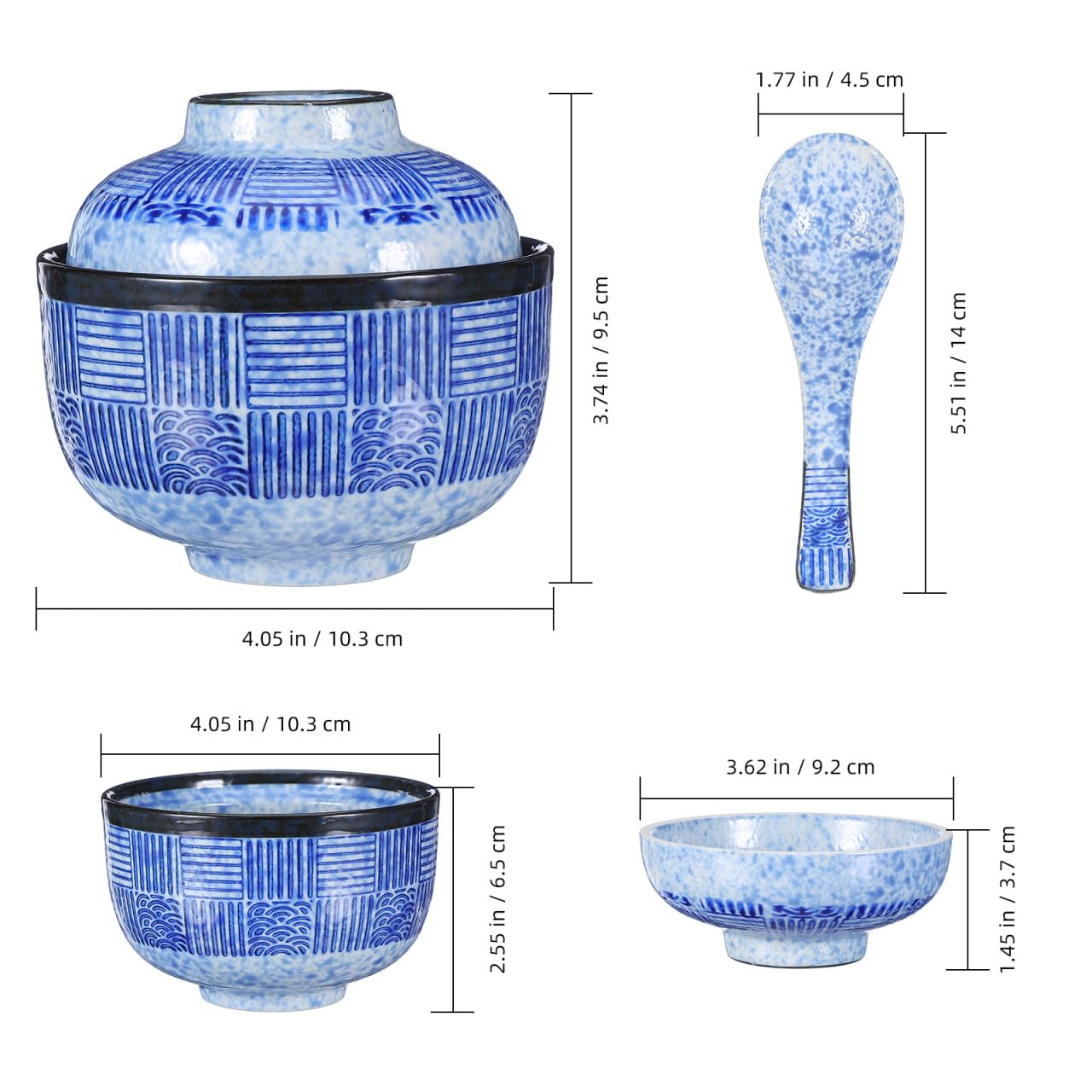 Kichvoe Japanese Ceramic Soup Bowl Set with Lid & Spoon, 4"/8.45oz Miso/Ramen Bowl for Noodles, Rice, Family Dinners & Home Kitchen Dinnerware