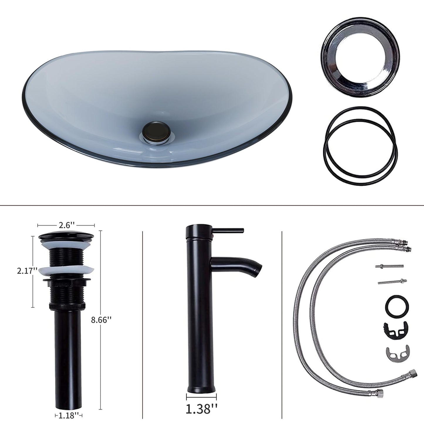 YIMAI Ingenuity Vessel Sink Bathroom Sinks Tempered Glass Art Basin 20.8"x13.7" Oval Bowl Above Counter with Faucet and Pop-Up Drain Combo, Oval Clear Grey,Modern Countertop Bowl Sink