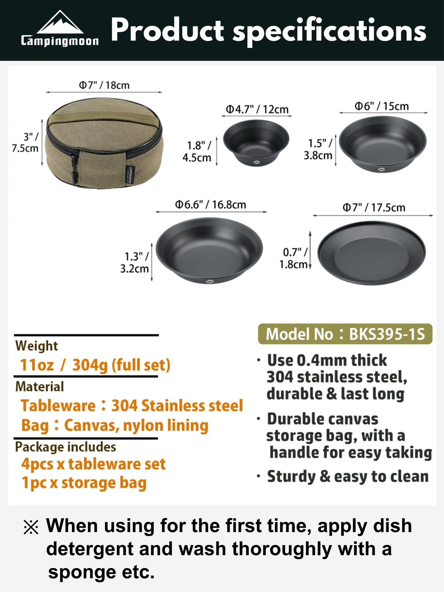 CAMPINGMOON Camping Tableware Set Stainless Steel Camping Plates Bowl Stackable Outdoor Dinnerware Canvas Carry Case Camping Hiking Picnic (4, Black (Titanium Oxide Coating))