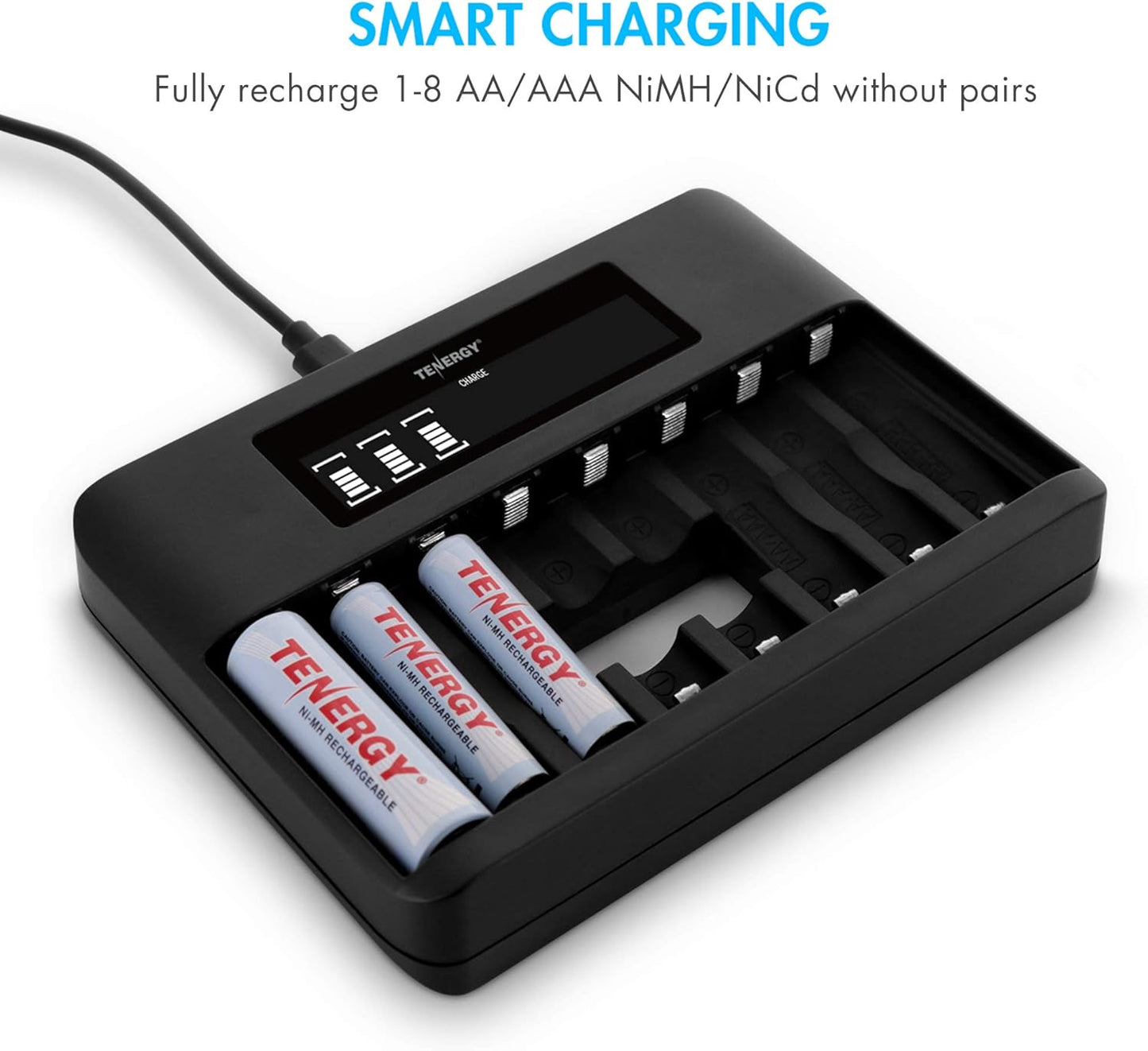 Tenergy TN480U 8-Bay LCD Display Fast Charger for NiMH/NiCD AA AAA Rechargeable Batteries with Mirco USB and USB Type C