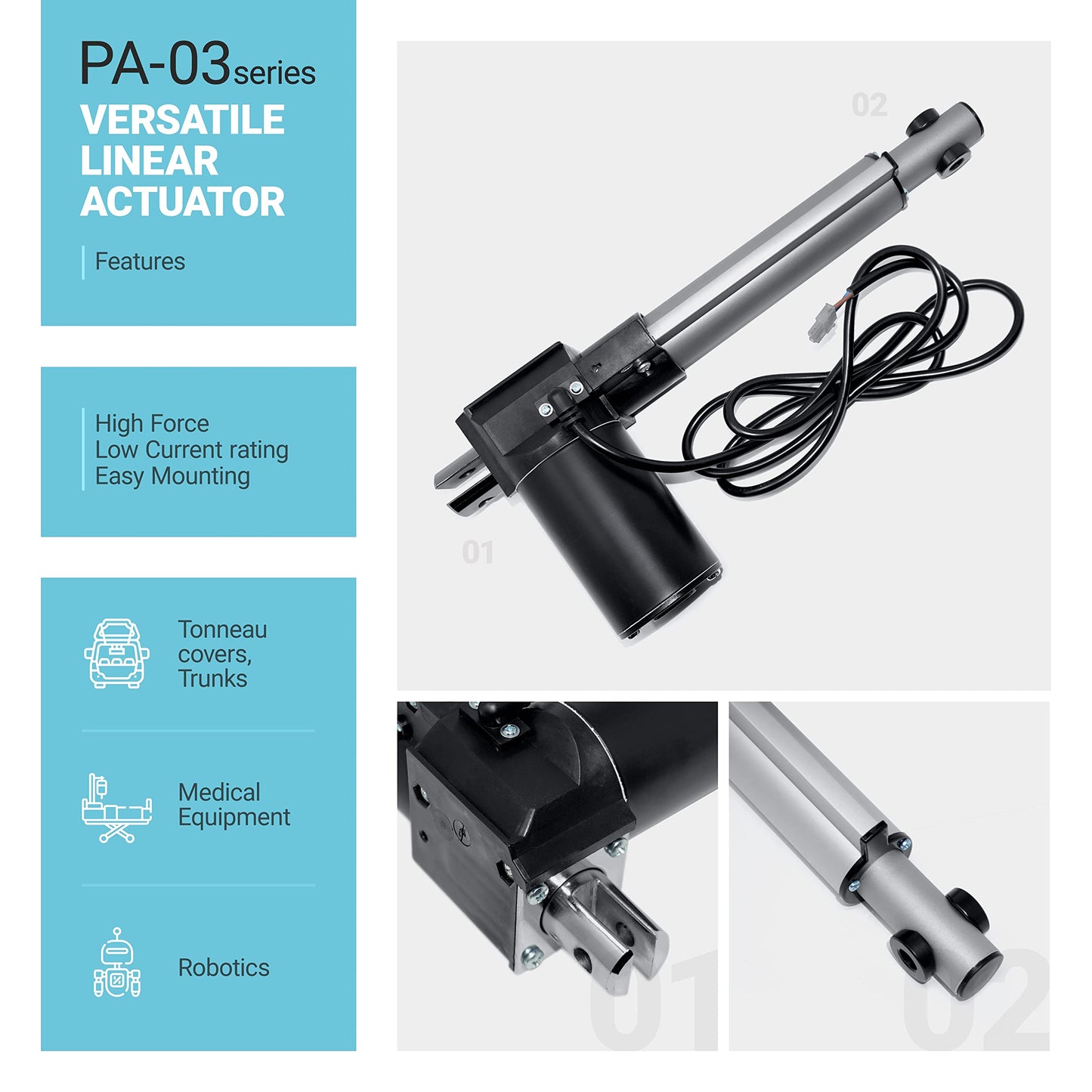 Progressive Automations 12V Linear Electric Actuator - 6 inches Stroke, 200 lbs Force with Low-Current Rating DC Motor and Durable Stroke for Automotive, Medical, Robotics Usage, PA-03-6-200
