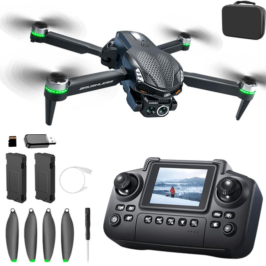elecci S168 Drone with Screen Controller, Brushless Motor, Altitude Hold, One Key Take Off/Landing, Active Obstacle Avoidance, Black Carrying Case, Two-batteries.